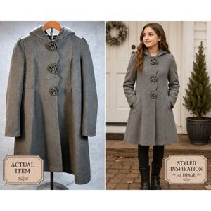 Rothschild Girls Gray Dress Coat Size 14 Hooded Rosette Flower Wool Blend Retro